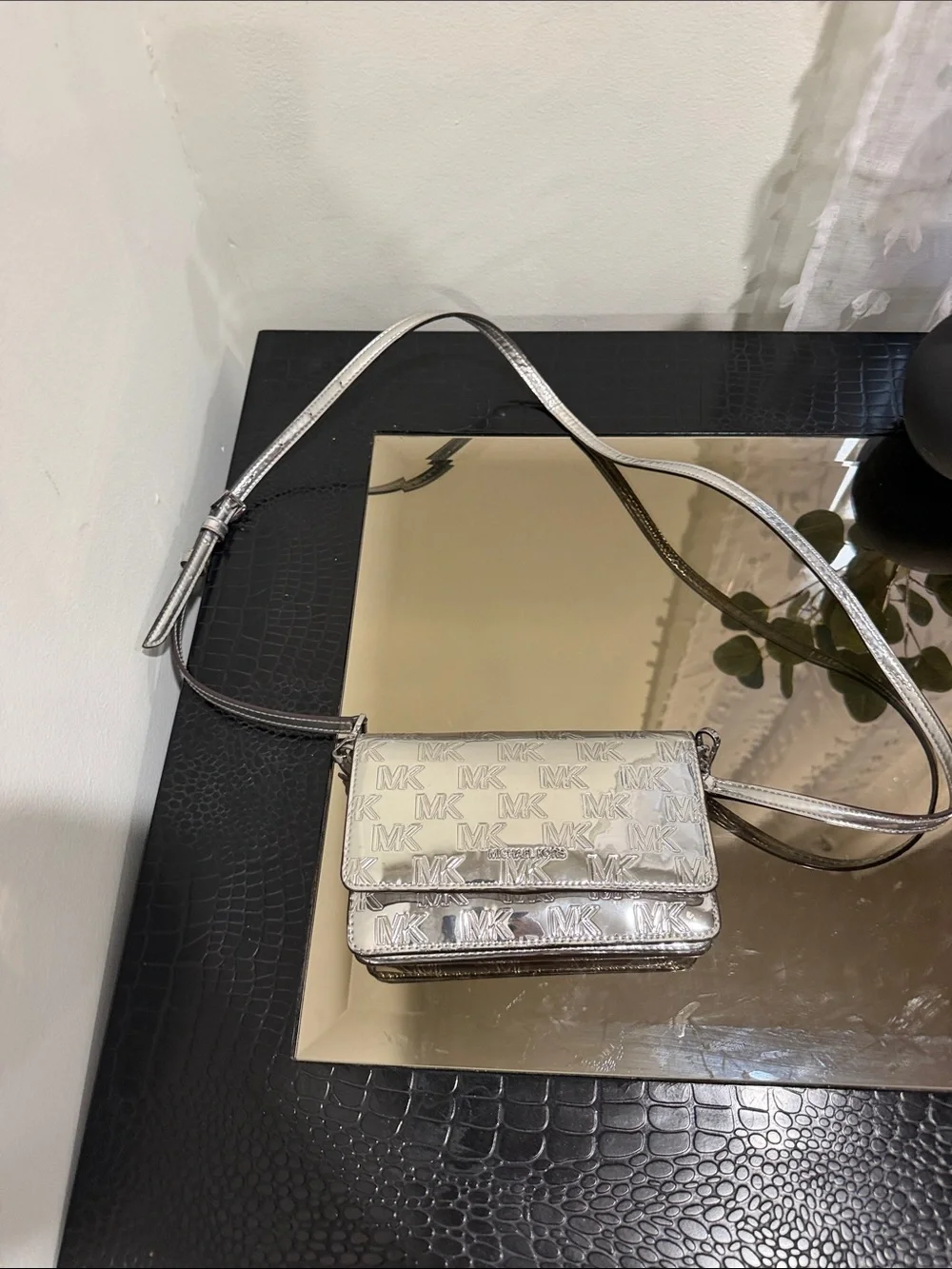 Michael Kors Metallic Silver MK Logo Crossbody